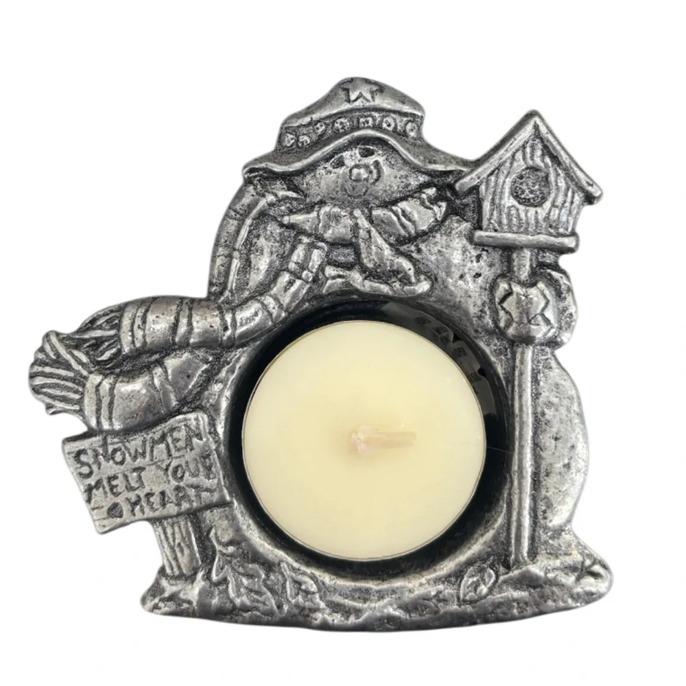Vintage Pewter Candle Holder Snowman Christmas Winter Tea Light 90s Retro Carson